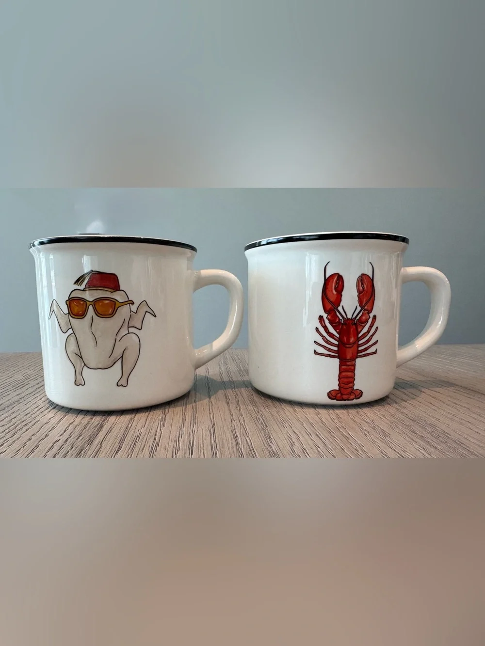 Pottery Barn “Friends” White Ceramic Lobster & Turkey Mug Set